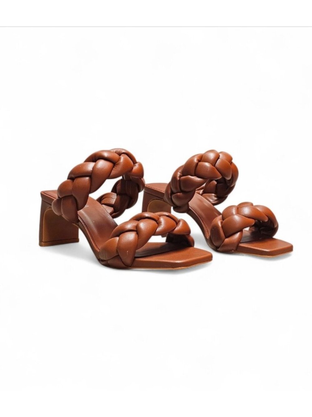 Braided Brown Block Heel Sandals With Square Toe Womens Stylish Open-Toe Slip-On - Picture 5 of 12
